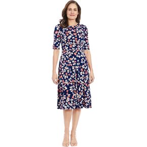 London Times Women's Inset Waist Midi Short Sleeve