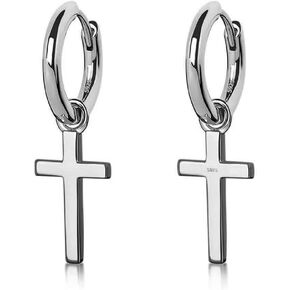 Men’s Solid White Gold Plated 925 Sterling Silver Drop Dangle Cross Huggie Hoop Earrings Trendy 15mm Hypoallergenic Lightweight Huggie Cross Hoops Dangling Earrings for Men