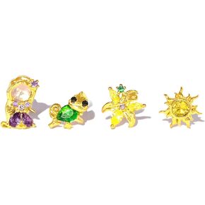 TV Movies Princess Beauty Inspired Stud Earrings, Gold-Tone Crystal Teacup and Teapot Design Silver Earrings Stud (Purple and Green)