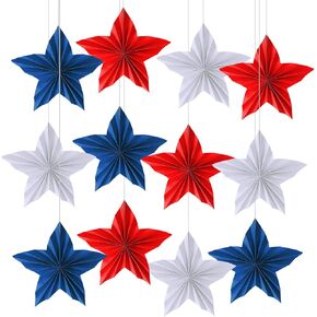 12 Pcs 4th of July Paper Fans Patriotic Star Hanging Decorations Red White Blue Hanging Fans Independence Day Hanging Star for Memorial Day Veterans Day Party Decor Supplies (Star)