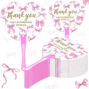 50 Pcs Pink Bow Hand Fans Bulk Coquette Pink Bow Party Favors for Guests Heart Shape Plastic Hand Fans Thank You for Celebrating with Us for Bachelorette Bridal Engagement Baby Shower Party