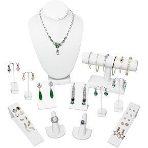 MOOCA 12 Pcs Jewelry Display Set, Necklace Display Bust, T-Bar Bracelet Stand, Earring Organizer, Ring Holder Stand for Showcase and Store, Premium White Faux Leather