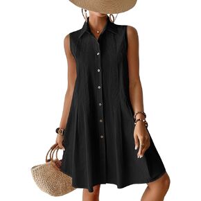 Bsubseach Cotton Swimsuit Coverup for Women Sleeveless Button Down Bathing Suit Cover Up Summer Beach Pleated Shirt Dresses Black L