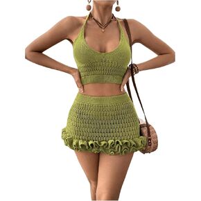MakeMechic Women's Crochet Cover Up Halter Crops و Swek Swek Woy Sweat Suit