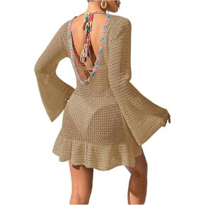 Verdusa Women's Bathing Suit Cover Up Long Sleeve Crochet Tie Back Swimsuit Beach Coverup