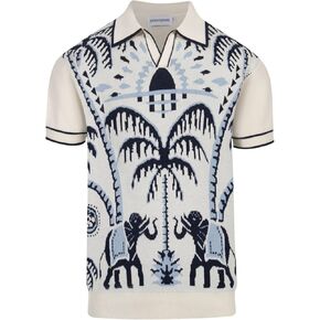 OXKNIT Mens Knit Polo Shirts Short Sleeve Shirt Casual Vintage Shirts with Coconut Tree Pattern