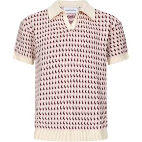 OXKNIT Men’s Knit Polo Jacquard Panel Shirt Short Sleeve Retro Textured Vintage Polo Shirt V-Neck