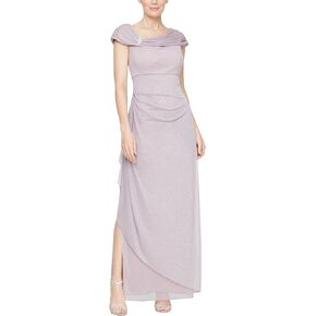 Alex Evenings Women's Long L-Neck Glitter Mesh Mother of The Bride Dress with Ruched Neckline (Petite and Regular Sizes)
