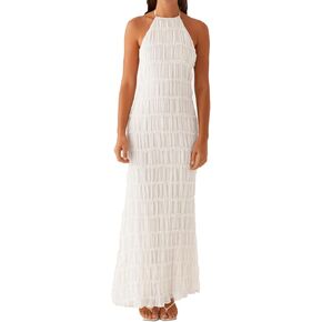 Women Backless Dress Sleeveless Textured Halter Open Back Maxi Dresses Vacation Wedding Guest