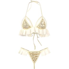 Women Sexy Lingerie Sparkle Sequin Glitter Bikini Cute Triangle Bra and Panty Set Ruffle Strappy Teddy Babydoll
