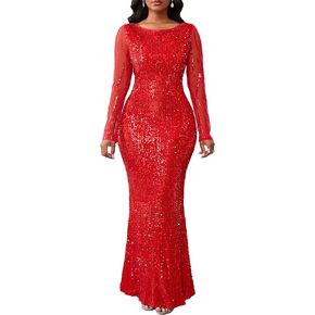 VERWIN Women's Sequins Bodycon Round Neck Long Sleeve Sparkly Mermaid Maxi Dress for Casual Party Cocktail