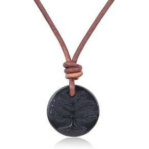 COAI Genuine Leather Necklace for Men Women, Tree of Life Pendant Black Obsidian Necklace for Men Women