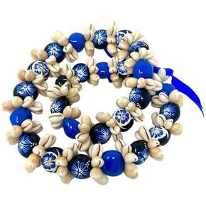 Utama Hawaiian Flower Kukui Nut Lei with Cowrie Shell (Blue)