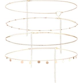 4PCS Body Chain for Women, Adjustable Gold(Silver) Waist Chain Heart Snake Pearl Diamond Belly Chain Summer Beach Layered Sexy Bikini Jewelry for Women