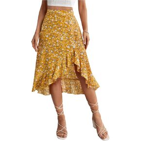 SweatyRocks Women's Ditsy Floral Print Midi Skirt 2025 Summer Boho Ruffle Hem Skirt