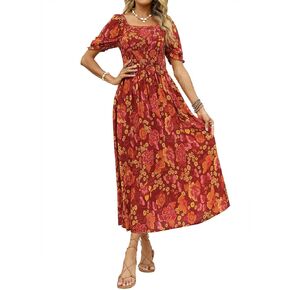 ZESICA Women's 2025 Summer Boho Floral Print Square Neck Ruffle Swing Beach Long Maxi Dress