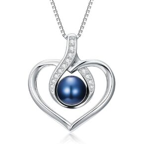 Tahitian Black Pearl 18K White Gold Plated Sterling Silver Heart Pendant Necklace for Wedding Anniversary Birthday Graduation Jewelry Gift for Women Wife Mom Lover Girlfriend Her