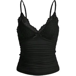 LOFAAC Women Sexy Y2K V Neck Lace Patchwork Cami Shirt Cute Slim Fit Sleeveless Spaghetti Strap Going Out Camisole Tank