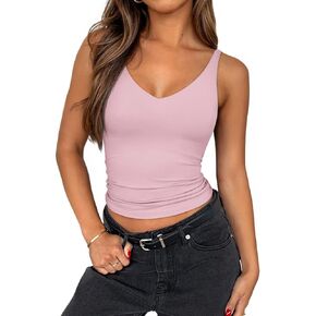 PINKMSTYLE Womens Sexy V Neck Cami Top Sleeveless Double Lined Tank Tops Going Out Y2K Spaghetti Strap Crop Tops 2025