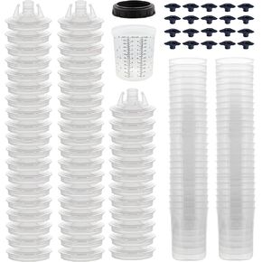 Disposable Paint Spray Gun Cups (190 Micron) 50 Lids 50 Liners 1 Hard Cup 1 Collar - Size 100ML-3OZ / 200ML-6OZ / 400ML-13.5OZ / 600ML-22OZ / 800ML-28OZ / Paint Supplies - Graduated Measurements