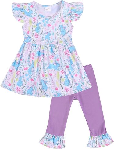 Toddler Girls Dress Pants Set Bunny Outfits Set Ruffle Dress and Pants Outfit Set 3-8Years in Kuwait