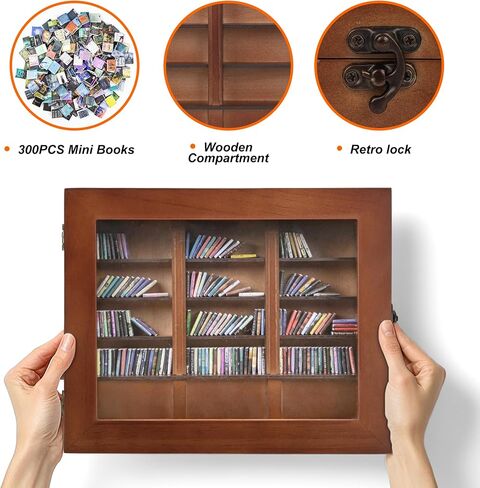 Anxiety Bookshelf Mini Books with 300PCS Mini Bookshelf Shake Away Your Anxiety Wooden Miniature Book Library for Stress Relief, Home and Office Decor, Unique Gift for Book Lovers-Brown in Saudi Arabia