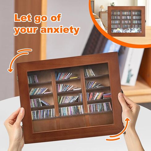 Anxiety Bookshelf Mini Books with 300PCS Mini Bookshelf Shake Away Your Anxiety Wooden Miniature Book Library for Stress Relief, Home and Office Decor, Unique Gift for Book Lovers-Brown in Saudi Arabia