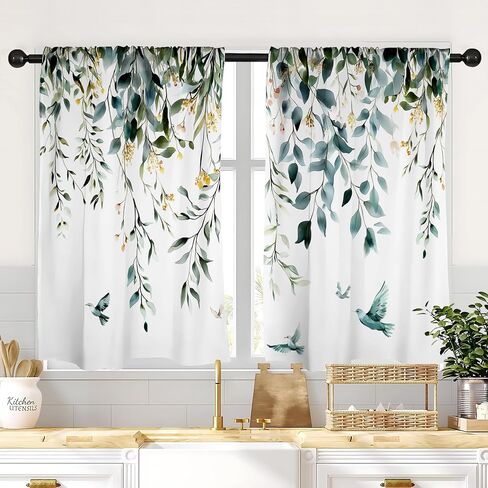 NYZE Kitchen Curtains 2 Panels Leaves Floral Short Window Curtains Treatment Over Sink Tier Drapes Small Cafe Curtains Flower Leaf Tier Curtains for Bathroom 36x28inch in Saudi Arabia
