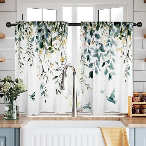 NYZE Kitchen Curtains 2 Panels Leaves Floral Short Window Curtains Treatment Over Sink Tier Drapes Small Cafe Curtains Flower Leaf Tier Curtains for Bathroom 36x28inch in Saudi Arabia