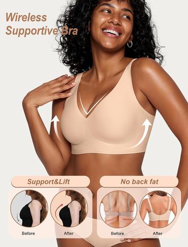OEAK Womens Comfortable Deep V Bras Wireless Push Up Seamless Full Coverage Bralettes Supportive Bra Raceback Tshirt Bras in Kuwait