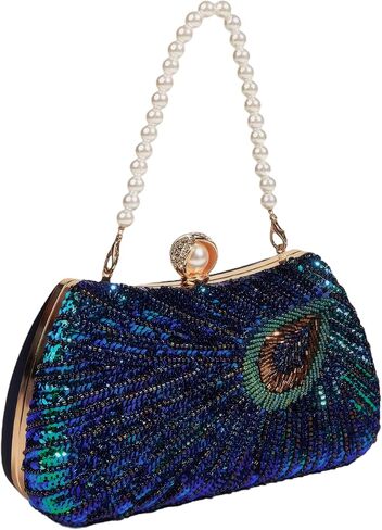 Women's Sequin Beaded Peacock Evening Clutch Purse Pearl Chain Vintage Handbag in Saudi Arabia