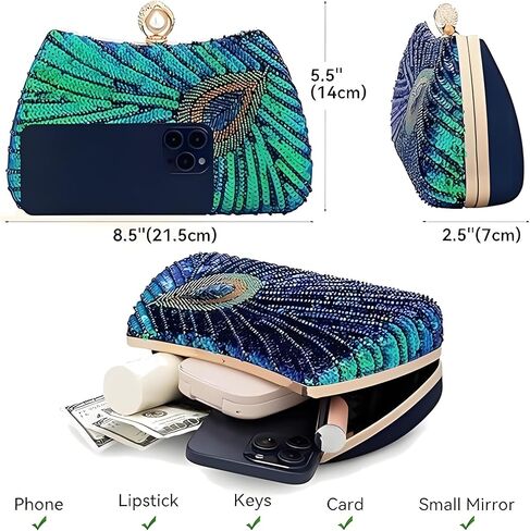 Women's Sequin Beaded Peacock Evening Clutch Purse Pearl Chain Vintage Handbag in Saudi Arabia