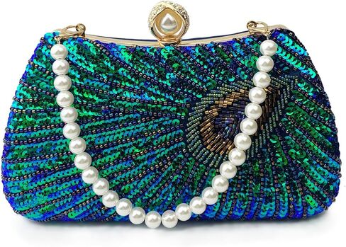 Women's Sequin Beaded Peacock Evening Clutch Purse Pearl Chain Vintage Handbag in Saudi Arabia
