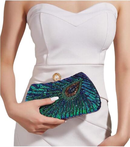Women's Sequin Beaded Peacock Evening Clutch Purse Pearl Chain Vintage Handbag in Saudi Arabia
