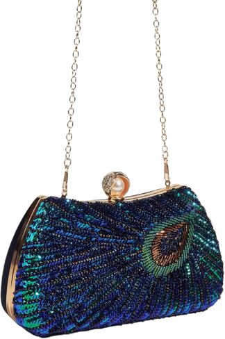 Women's Sequin Beaded Peacock Evening Clutch Purse Pearl Chain Vintage Handbag in Saudi Arabia