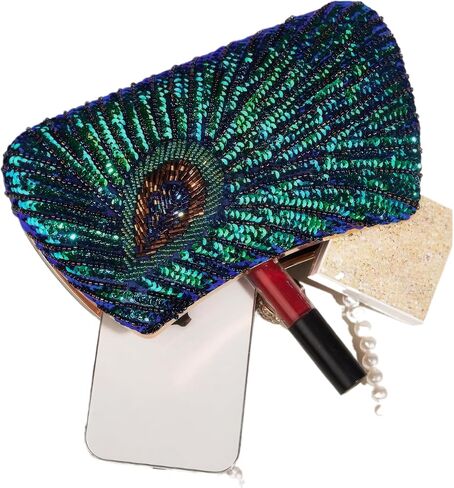 Women's Sequin Beaded Peacock Evening Clutch Purse Pearl Chain Vintage Handbag in Saudi Arabia