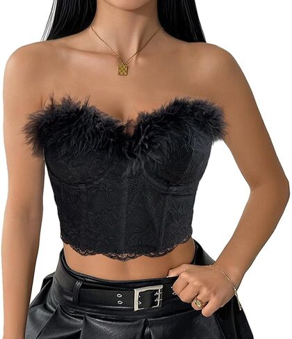 Haoohu Women's Sexy Lace Sleeveless Crop Tube Fuzzy Trim Contrast Faux Fur Strapless Tank Top Vest in Kuwait