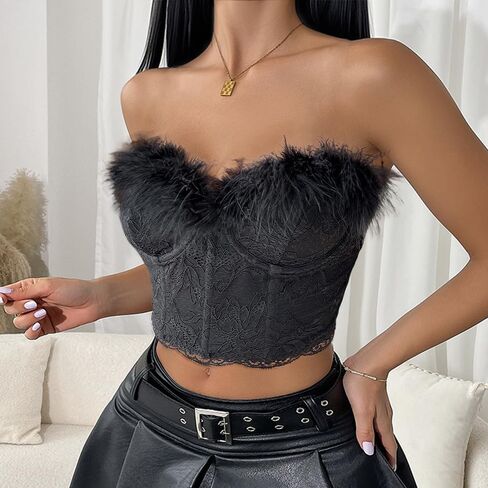 Haoohu Women's Sexy Lace Sleeveless Crop Tube Fuzzy Trim Contrast Faux Fur Strapless Tank Top Vest in Kuwait
