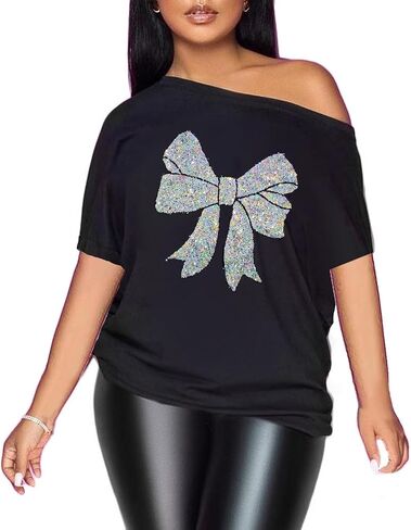 PESION Women Off The Shoulder Tops Sexy Shiny Metallic Shirts Short Sleeves Fashion Graphic T-Shirts Blouses in Kuwait
