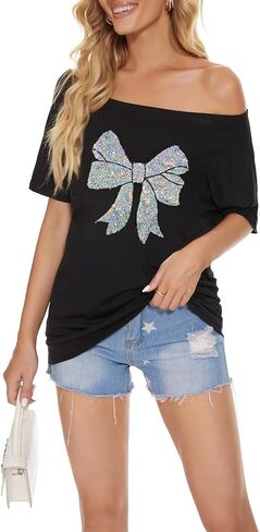 PESION Women Off The Shoulder Tops Sexy Shiny Metallic Shirts Short Sleeves Fashion Graphic T-Shirts Blouses in Kuwait