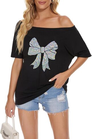 PESION Women Off The Shoulder Tops Sexy Shiny Metallic Shirts Short Sleeves Fashion Graphic T-Shirts Blouses in Kuwait