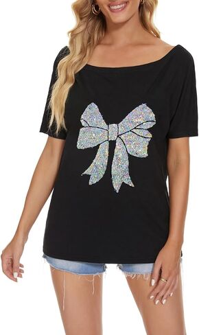 PESION Women Off The Shoulder Tops Sexy Shiny Metallic Shirts Short Sleeves Fashion Graphic T-Shirts Blouses in Kuwait