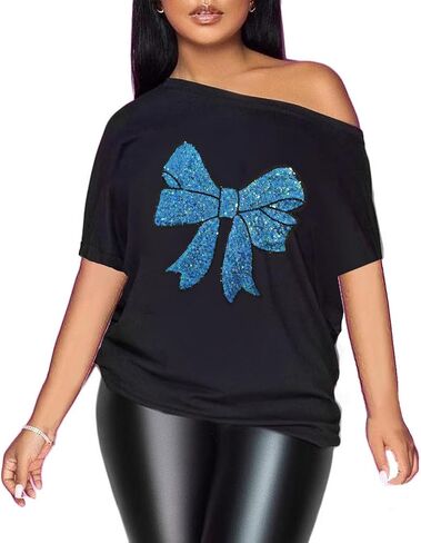 PESION Women Off The Shoulder Tops Sexy Shiny Metallic Shirts Short Sleeves Fashion Graphic T-Shirts Blouses in Kuwait