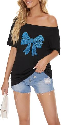 PESION Women Off The Shoulder Tops Sexy Shiny Metallic Shirts Short Sleeves Fashion Graphic T-Shirts Blouses in Kuwait