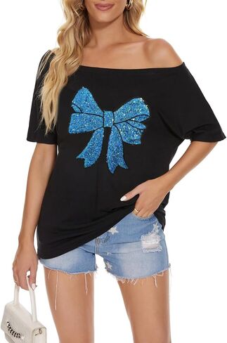 PESION Women Off The Shoulder Tops Sexy Shiny Metallic Shirts Short Sleeves Fashion Graphic T-Shirts Blouses in Kuwait