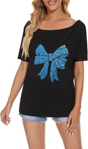 PESION Women Off The Shoulder Tops Sexy Shiny Metallic Shirts Short Sleeves Fashion Graphic T-Shirts Blouses in Kuwait
