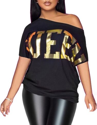 PESION Women Off The Shoulder Tops Sexy Shiny Metallic Shirts Short Sleeves Fashion Graphic T-Shirts Blouses in Kuwait