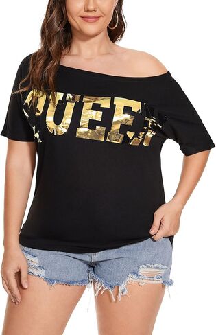 PESION Women Off The Shoulder Tops Sexy Shiny Metallic Shirts Short Sleeves Fashion Graphic T-Shirts Blouses in Kuwait