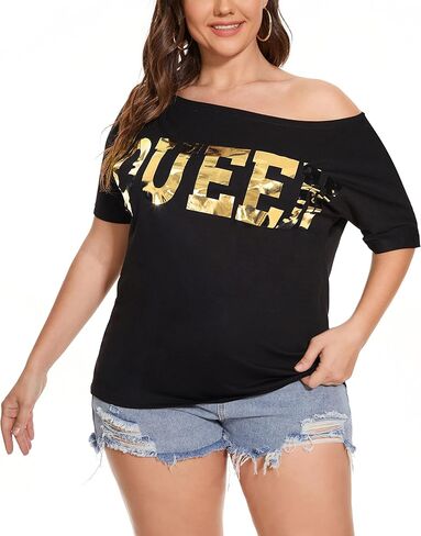 PESION Women Off The Shoulder Tops Sexy Shiny Metallic Shirts Short Sleeves Fashion Graphic T-Shirts Blouses in Kuwait