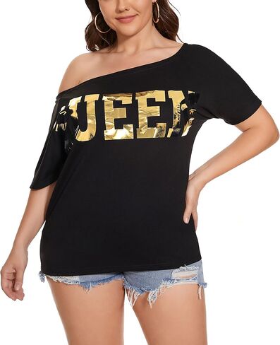 PESION Women Off The Shoulder Tops Sexy Shiny Metallic Shirts Short Sleeves Fashion Graphic T-Shirts Blouses in Kuwait